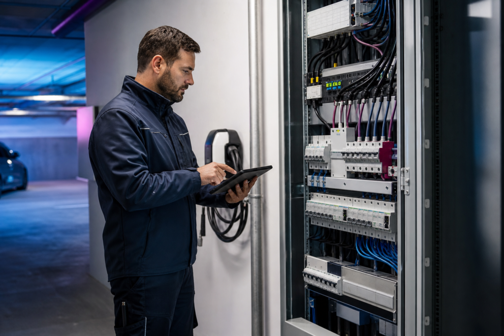 Techniker prüft Lastmanagement und Elektroverteilung